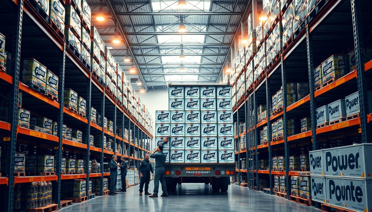 A well-lit, modern warehouse interior with rows of neatly stacked Energy Drink crates on sturdy metal shelves. In the foreground, a team of uniformed workers carefully arranging and loading the crates onto a large delivery truck, conveying a sense of efficiency and reliability. The middle ground features the branding and logo of the "Power Horse" energy drink prominently displayed on the crate packaging, underscoring the trusted distributor relationship. The background showcases the warehouse's clean, organized layout and state-of-the-art infrastructure, instilling confidence in the company's professionalism and capability to fulfill wholesale orders. Warm, natural lighting from overhead fixtures casts a pleasant glow, creating an atmosphere of trustworthiness and dependability.