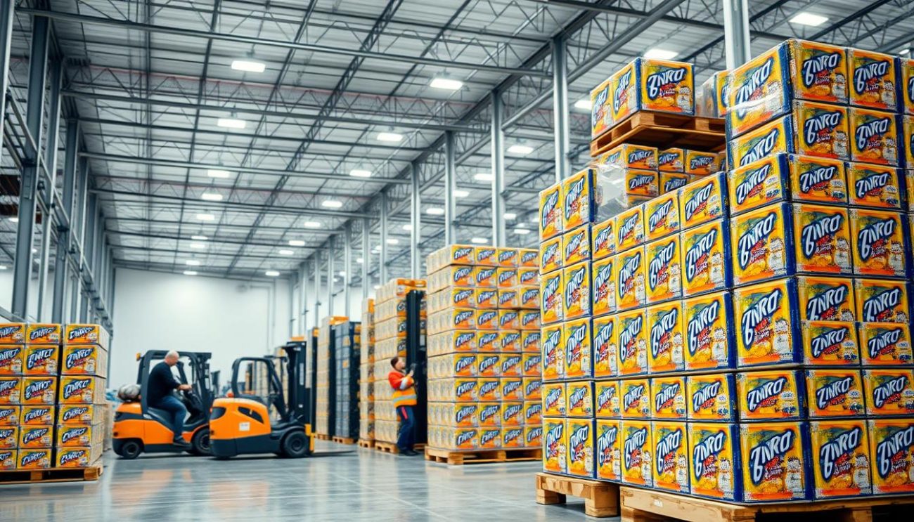 A well-lit, modern warehouse interior with rows of neatly stacked, branded energy drink cases. In the foreground, workers carefully arrange and secure the cases on sturdy pallets, ready for efficient wholesale distribution. The middle ground features forklifts and other material handling equipment, conveying a sense of organized efficiency. The background showcases the warehouse's high ceilings, clean floors, and a professional, quality-focused atmosphere. Soft, directional lighting highlights the energy drink packaging, emphasizing the brand's premium image and reliability. The overall composition conveys a trustworthy, quality-assured wholesale operation.
