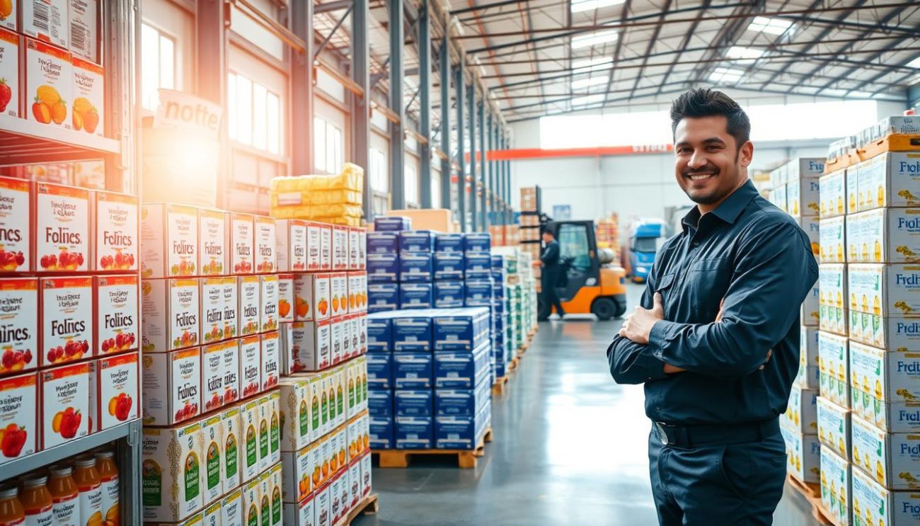 A well-lit, modern warehouse interior with rows of neatly stacked low-sugar beverage cases. Bright, soft lighting filters through large windows, casting a warm glow on the sleek metal shelving units and organized pallets. In the foreground, a smiling employee in a crisp uniform inspects the labels on the drinks, ensuring quality control. The middle ground features an array of colorful, minimalist packaging designs for a variety of low-calorie fruit juices, sparkling waters, and iced teas. The background showcases the company's export-ready logistics, with a forklift maneuvering pallets towards waiting delivery trucks. An atmosphere of efficiency, professionalism, and a commitment to healthier beverage options permeates the scene.