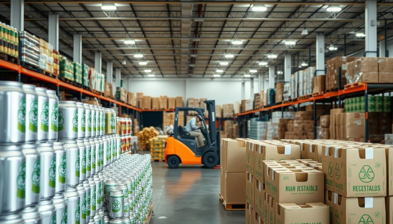 A well-lit, modern warehouse interior with rows of neatly stacked sustainable beverage packaging options. In the foreground, a variety of reusable and recyclable containers such as aluminum cans, glass bottles, and paper-based cartons are prominently displayed. In the middle ground, forklifts carefully maneuver pallets of packaged goods ready for distribution. The background features high ceilings, shelving units, and a sense of organization and efficiency. The overall atmosphere conveys a commitment to environmentally-conscious practices and a focus on delivering quality, low-sugar energy drink products to wholesale customers.