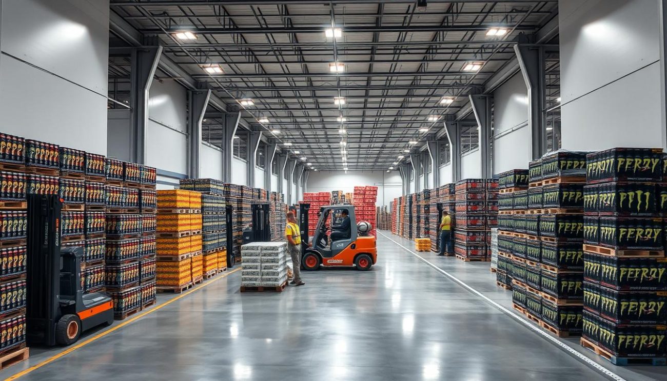 A well-lit, modern warehouse interior with rows of stacked energy drink cases ready for distribution. Forklifts move pallets of products, conveyor belts transport inventory, and workers oversee the efficient B2B wholesale operations. Bright lighting illuminates the scene, casting long shadows and highlighting the sleek, industrial design. The atmosphere conveys a sense of professionalism, organization, and reliability in the energy drink wholesale business.