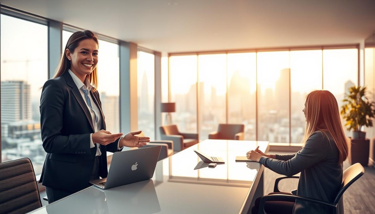 A well-lit office interior with a modern, minimalist design. In the foreground, a friendly customer service representative, dressed professionally, smiling warmly and gesturing to help a customer seated across a sleek, glass-topped desk. The middle ground features a cozy seating area with comfortable armchairs, and a large window overlooking a bustling city skyline in the background, bathed in soft, golden light. The mood is one of efficiency, attentiveness, and a commitment to providing an exceptional customer experience.