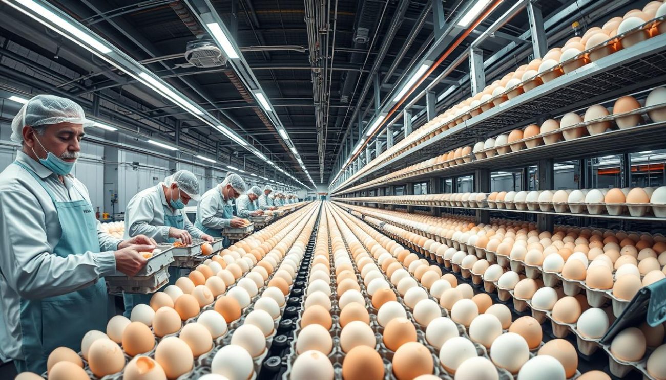 A well-lit, panoramic image of a modern egg farm, showcasing a large, state-of-the-art egg processing facility. In the foreground, a team of attentive workers carefully inspect and package freshly collected eggs, their faces reflecting a sense of pride and professionalism. The middle ground features rows of gleaming metal shelves, stocked with cartons of pristine, farm-fresh eggs, radiating a sense of abundance and quality. In the background, rows of automated machinery hum with efficiency, reflecting the facility's commitment to exceptional customer service through reliable, large-scale egg production. The overall scene conveys a atmosphere of precision, cleanliness, and dedication to providing customers with the highest-quality eggs.
