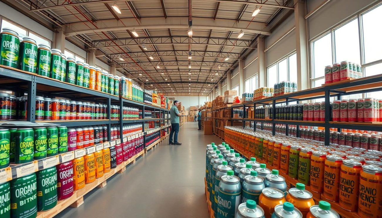 A well-lit, panoramic view of an organic energy drink wholesale warehouse. In the foreground, rows of colorful, eco-friendly bottles and cans are meticulously arranged on sleek, wooden shelves. The middle ground showcases a team of workers carefully inspecting and packing the products, their movements coordinated and efficient. In the background, floor-to-ceiling windows flood the space with natural light, illuminating the high-ceilinged, modern interior. The atmosphere is one of professionalism, sustainability, and a commitment to delivering premium, organic energy drinks to discerning B2B customers. The camera angle captures the scale and precision of the operation, emphasizing the reliability and attention to detail that is the hallmark of this trusted wholesale partner.