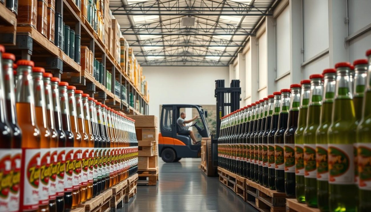 A well-lit, pristine warehouse interior, showcasing an assortment of premium glass soda bottles in a meticulously organized wholesale display. Rows of glass bottles in various flavors and sizes, their labels gleaming, arranged on sturdy wooden pallets, ready for shipment. The bottles are bathed in soft, natural lighting, creating a sense of quality and refinement. The middle ground features a forklift operator carefully loading the pallets onto a delivery truck, emphasizing the efficient, professional nature of the wholesale operation. The background subtly highlights the clean, modern architecture of the warehouse, conveying a sense of reliability and attention to detail.