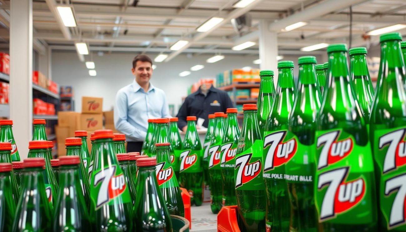 A well-lit, professional-looking photograph of a 7Up distributor's showroom. The foreground features a large, gleaming 7Up display with neatly arranged crates of the iconic green glass bottles. In the middle ground, a salesperson in a crisp, collared shirt stands behind a counter, ready to assist customers. The background showcases the distributor's modern, well-organized warehouse, complete with shelves stocked with 7Up products. The overall atmosphere is one of efficiency, professionalism, and the vibrant, refreshing spirit of the 7Up brand. The lighting is bright and evenly distributed, highlighting the clean, pristine environment. The camera angle is slightly elevated, giving the viewer a comprehensive, authoritative perspective on the 7Up distribution operation.
