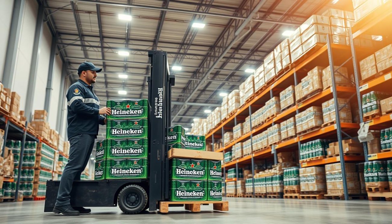 A well-lit, professional-looking photograph of a Heineken beer distributor's warehouse interior. The foreground shows an employee in a uniform carefully stacking cases of Heineken bottles onto a wooden pallet using a forklift. The middle ground features rows of neatly organized shelves stocked with Heineken products, while the background showcases the warehouse's high ceilings, concrete floors, and industrial lighting. The scene conveys a sense of efficiency, organization, and the company's commitment to delivering Heineken beer to customers. The image should be captured from a low angle to emphasize the scale and scope of the distribution operation.