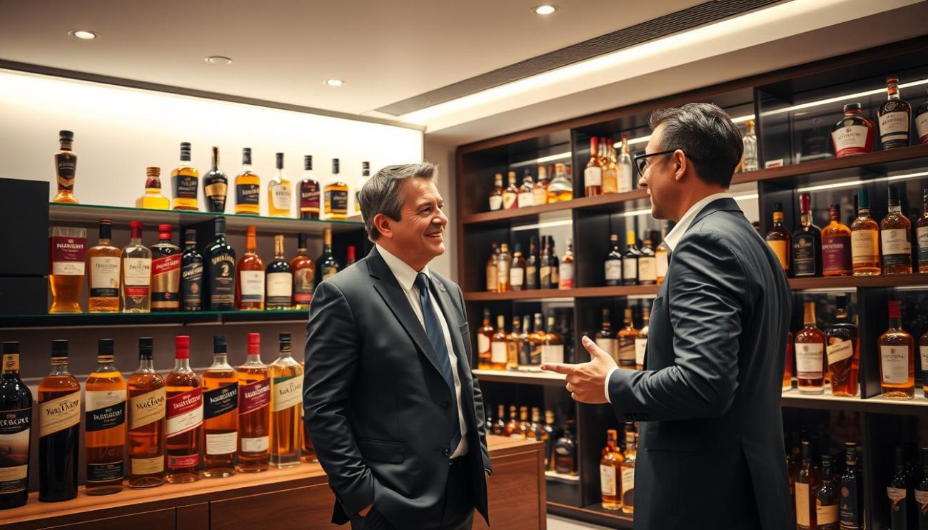 A well-lit showroom showcasing an array of premium whisky bottles in various shapes and sizes, prominently displaying prestigious brand labels. The bottles are arranged on wooden shelves, casting a warm glow from the strategically placed lighting. In the foreground, a sales representative is engaged in a friendly discussion with a potential business customer, highlighting the exceptional customer service. The background features a sleek, modern interior design with minimalist decor, emphasizing the professionalism and attention to detail of the establishment. The overall atmosphere conveys a sense of quality, exclusivity, and personalized care for B2B clients seeking the best branded whisky deals.