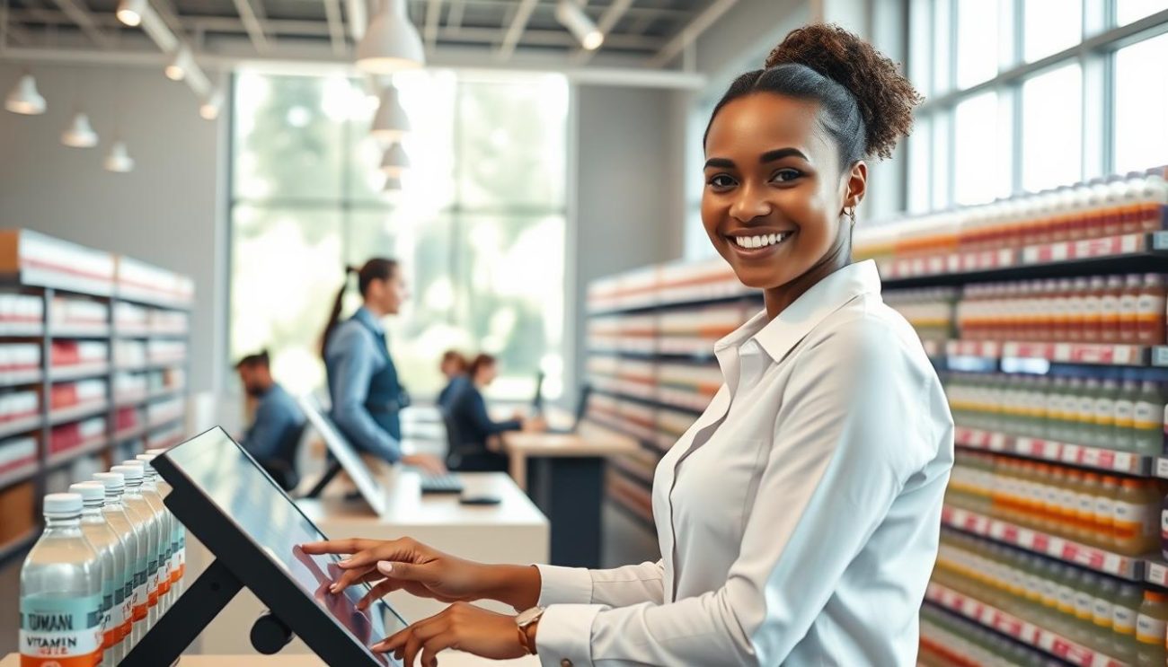 A well-lit, spacious customer service center with an inviting, modern design. In the foreground, a friendly customer service representative smiles warmly as she assists a customer reviewing products on a sleek touchscreen display. In the middle ground, several other employees work diligently at their desks, providing attentive support. The background showcases rows of neatly organized shelves stocked with an abundance of vitamin water bottles in a variety of flavors. Soft, natural lighting filters in through large windows, creating a calm and professional atmosphere. The overall scene conveys a sense of efficiency, reliability, and a genuine commitment to customer satisfaction.
