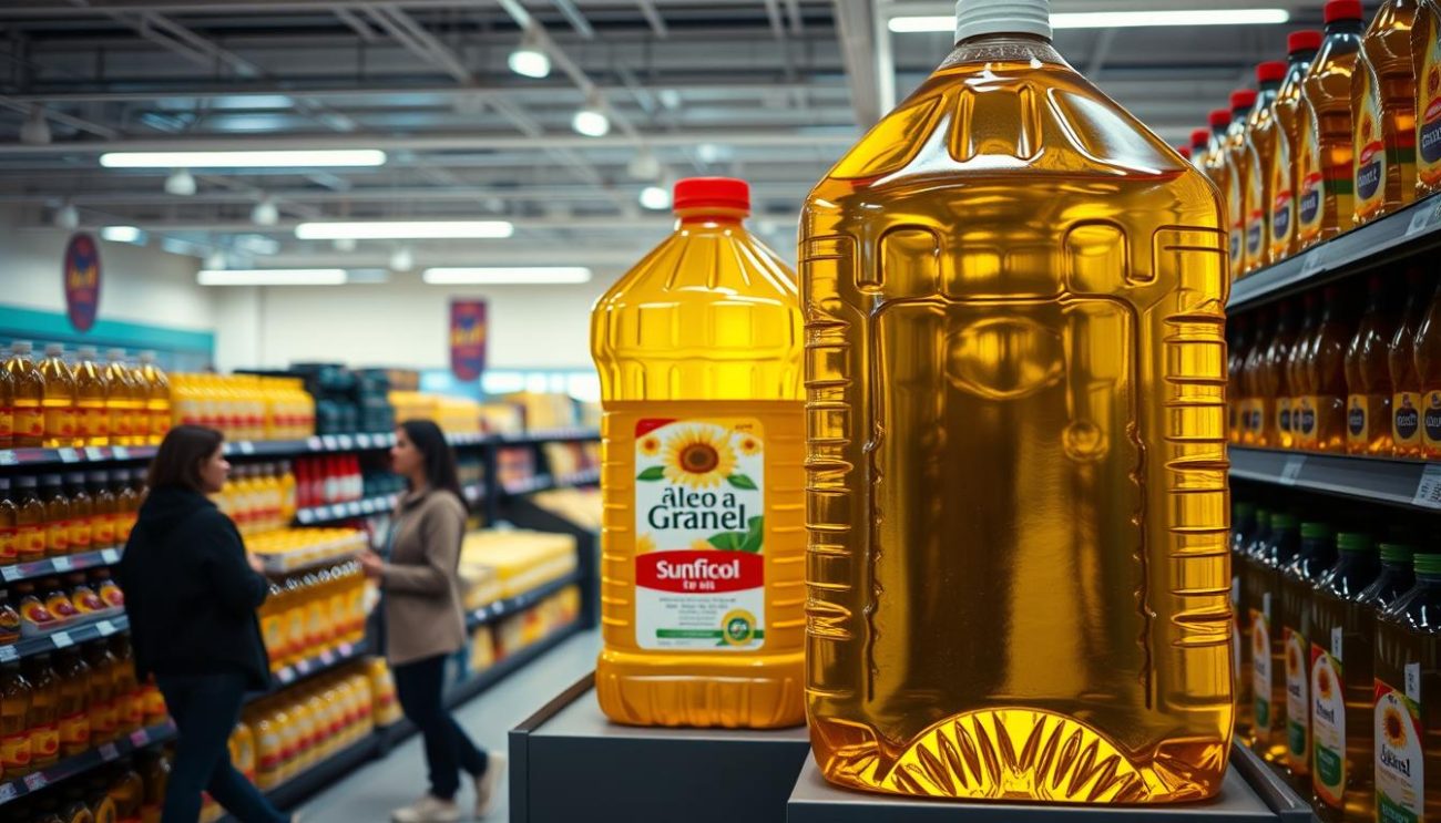 A well-lit, spacious grocery store aisle, showcasing large containers of various cooking oils neatly arranged on shelves. The foreground features a prominent display of a large, transparent container filled with golden, viscous sunflower oil, its label prominently displaying the words "Óleo a Granel". The middle ground features shoppers examining the oil containers, their expressions conveying a sense of consideration and deliberation. The background depicts the store's clean, modern interior with bright, diffused lighting, creating a warm and inviting atmosphere. The overall scene evokes a sense of convenience, quality, and the benefits of buying cooking oil in bulk.
