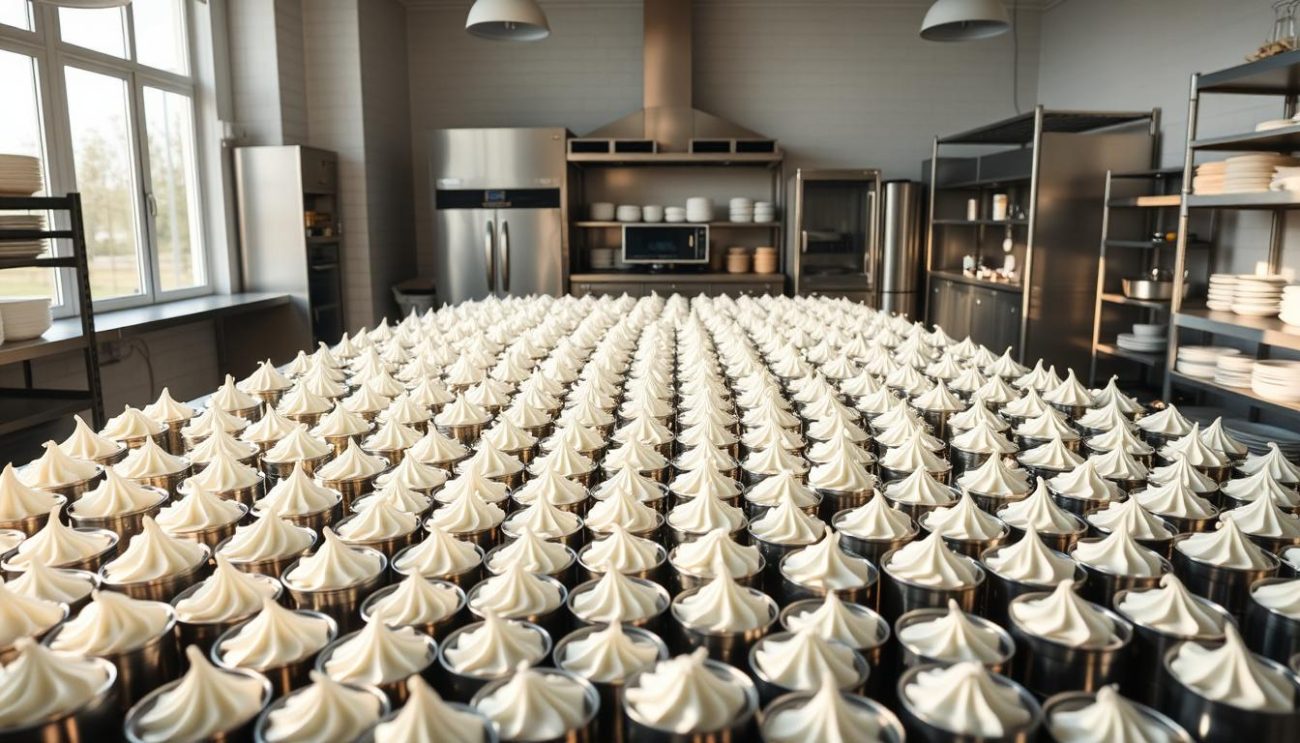A well-lit, spacious kitchen interior showcases a large center table covered in an abundance of freshly whipped cream in metal containers. The containers are carefully arranged in an organized, aesthetically pleasing manner, reflecting the theme of "storage and preservation" for this creamy delicacy. Soft, natural lighting from large windows bathes the scene, creating a serene, inviting atmosphere. The table is surrounded by stainless steel shelving units and modern appliances, suggesting a professional food preparation setting. The overall composition conveys a sense of abundance, precision, and attention to detail in the storage and handling of this delicate, versatile ingredient.