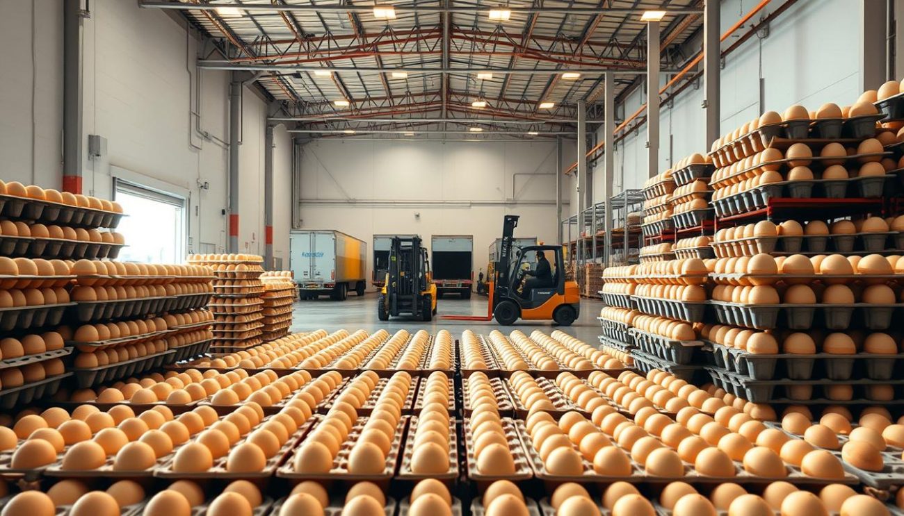 A well-lit, spacious warehouse interior with orderly rows of stacked egg cartons in the foreground. Forklifts efficiently moving pallets in the middle ground, while large delivery trucks are visible through the open loading dock doors in the background. The scene conveys a sense of productivity and reliability, with a clean, modern aesthetic. Bright, diffused lighting illuminates the scene, creating a warm, inviting atmosphere. The overall composition emphasizes the efficient delivery capabilities of this wholesale egg supplier.