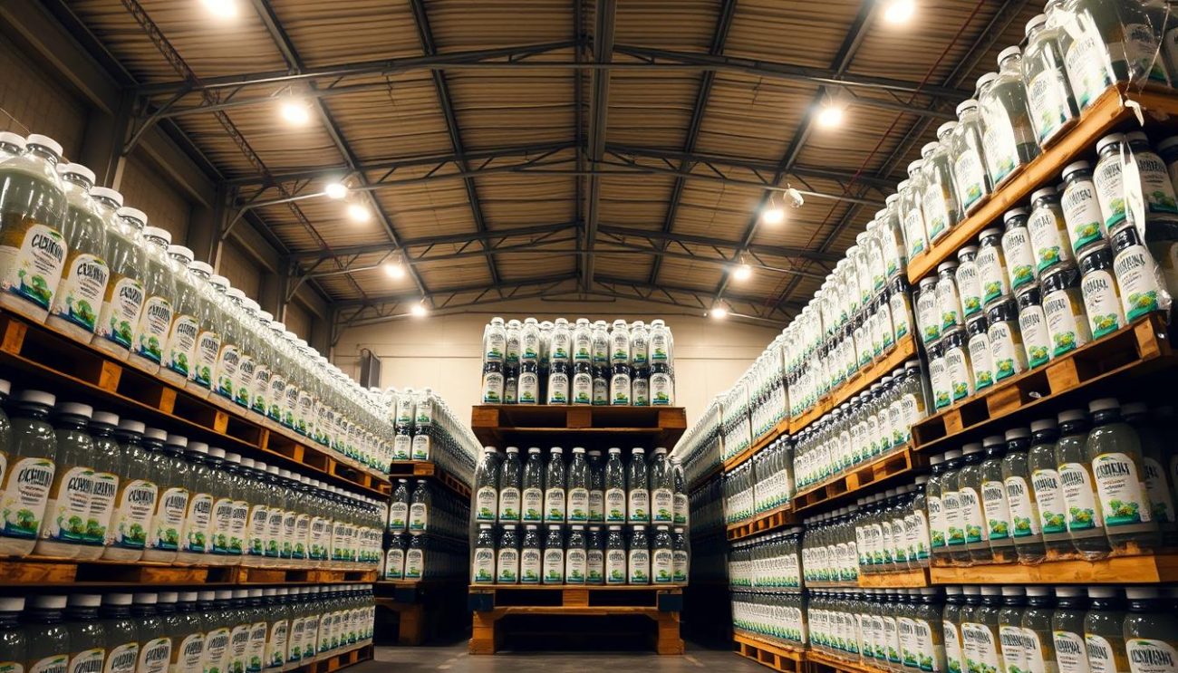 A well-lit, spacious warehouse interior, with rows of neatly stacked pallets of coconut water bottles. The bottles are arranged in bulk, ready for distribution, with clear labels highlighting their organic, non-GMO status. The lighting is warm and diffused, casting a soft glow over the scene. The camera angle is slightly elevated, providing a birds-eye view of the organized selection, emphasizing the quality and efficiency of the wholesale operation. The atmosphere is professional and inviting, conveying a sense of trust and reliability in the non-GMO drink supplier.