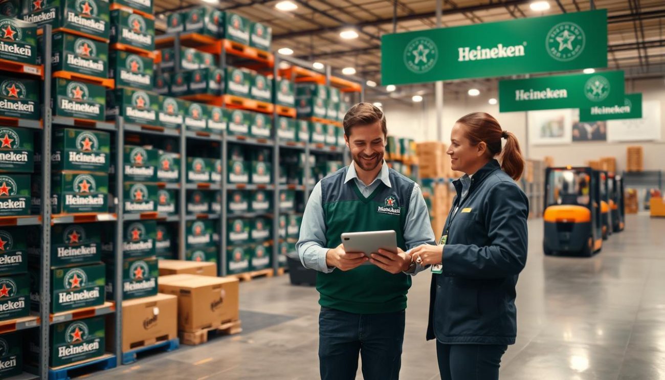 A well-lit, spacious warehouse interior with stacks of Heineken beer cases neatly organized on metal shelves. The foreground features a customer service representative in a crisp uniform, smiling and assisting a store owner as they review order details on a tablet. In the middle ground, forklifts efficiently move pallets, while the background showcases the company's branding and logos prominently displayed. The lighting is warm and inviting, creating a professional, customer-centric atmosphere. The scene conveys a sense of efficiency, reliability, and dedication to exceeding customer expectations.