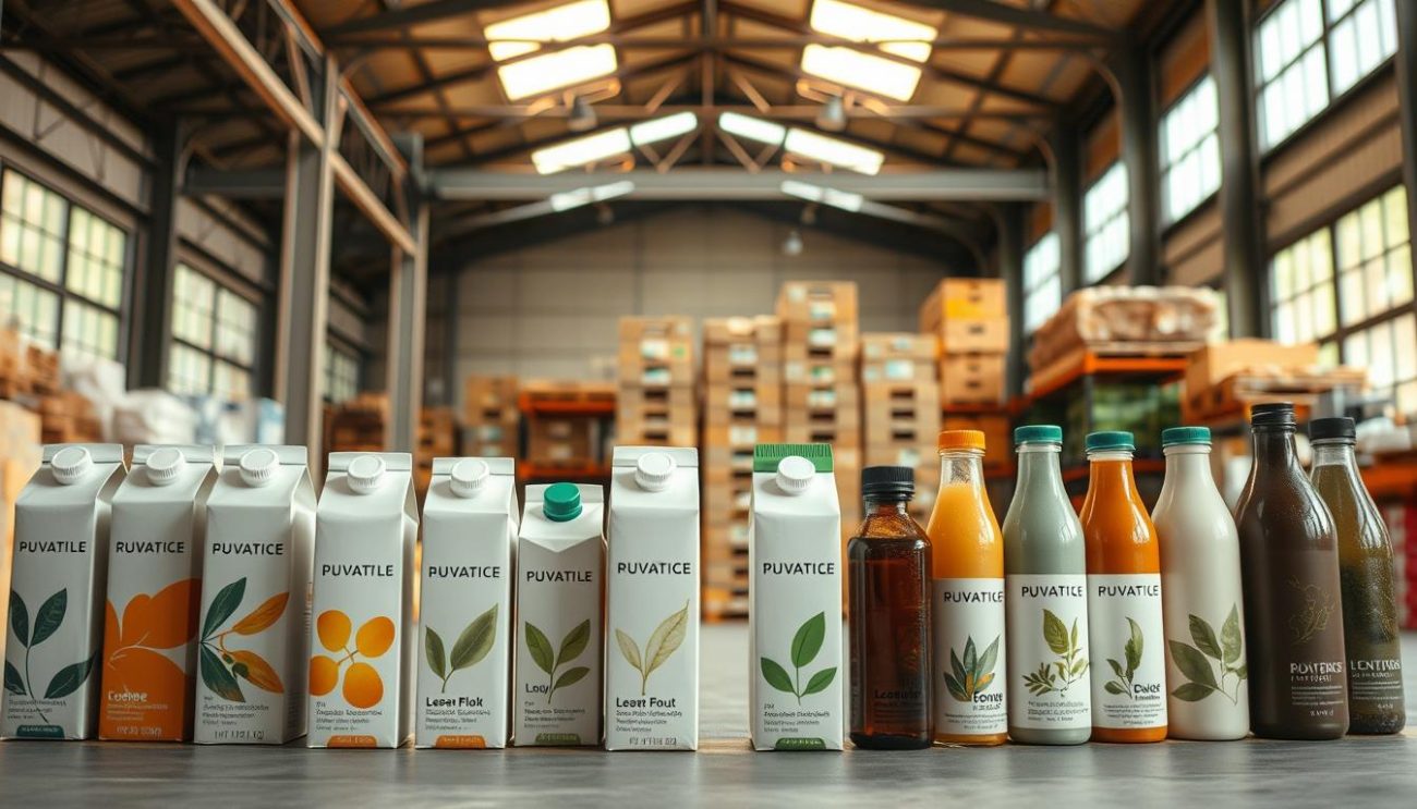 A well-lit studio scene showcasing sustainable beverage packaging solutions. In the foreground, an array of sleek, minimalist juice cartons and bottles made from recycled and compostable materials. Their clean, modern designs feature nature-inspired patterns and earth-toned color palettes. In the middle ground, stacks of these sustainable containers are arranged neatly, ready for distribution. The background depicts a warehouse setting with high ceilings, metal shelving, and a sense of efficiency and organization. Warm, natural lighting filters in, highlighting the environmentally-conscious materials and emphasizing the packaging's commitment to sustainability.