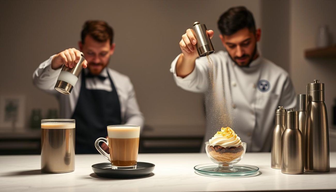 A well-lit studio scene showcasing various practical applications of cream chargers. In the foreground, a barista diligently assembles a latte, using a chrome-finished cream charger to create the perfect foam. In the middle ground, a chef sprinkles edible gold dust over a decadent dessert, utilizing a cream charger to evenly disperse the garnish. The background features an array of cream chargers in different sizes and finishes, neatly arranged on a sleek, minimalist countertop. The lighting is soft and diffused, creating a warm, inviting atmosphere that highlights the versatility and culinary artistry of these specialized canisters.