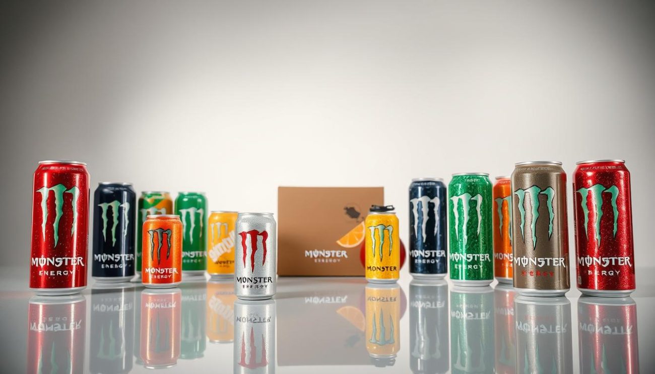 A well-lit studio shot showcasing an assortment of high-quality, export-ready Monster Energy Drink products. In the foreground, gleaming cans and bottles of various flavors are elegantly arranged on a sleek, reflective surface. The middle ground features custom packaging and labels, highlighting the brand's distinctive design. In the background, a minimalist backdrop of soft, neutral tones creates a professional, premium atmosphere. Crisp lighting from multiple angles accentuates the vibrant colors and clean lines of the products, conveying a sense of refinement and attention to detail. The overall composition exudes a confident, polished aesthetic suitable for a B2B wholesale offering.