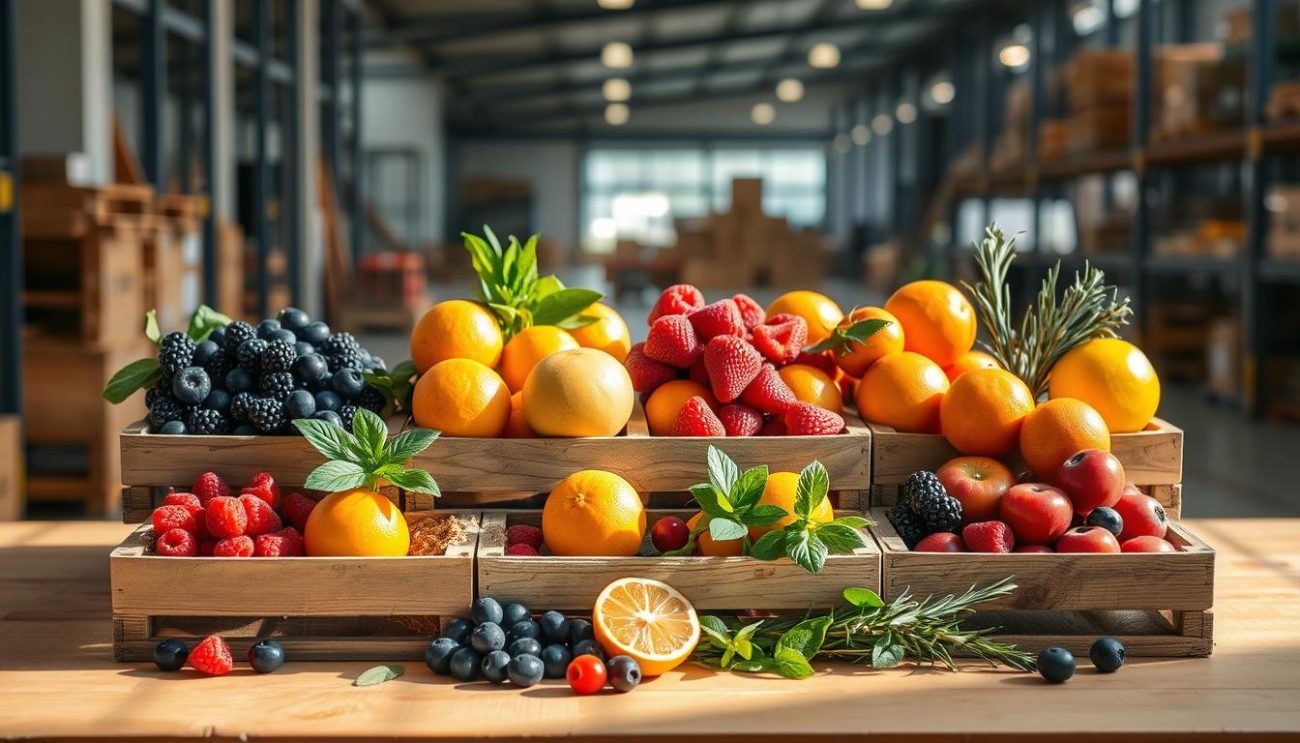 A well-lit table showcases an assortment of organic fruit and herbal ingredients in rustic wooden crates, ready to be packaged into our sugar-free fruit drinks. Fresh berries, citrus fruits, and aromatic herbs like mint and rosemary are thoughtfully arranged, conveying a sense of quality and natural goodness. Soft shadows and warm lighting create a serene, inviting atmosphere, highlighting the vibrant colors and textures of the ingredients. In the background, a glimpse of our modern, efficient warehouse space suggests the care and attention we bring to sourcing the finest organic materials for our trusted wholesale partners across Europe.