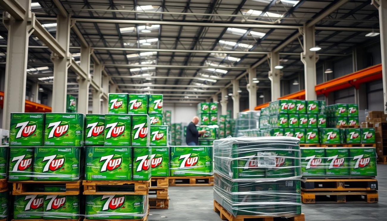 A well-lit warehouse interior, featuring a foreground of neatly stacked 7Up soft drink pallets, their vibrant green hues and distinctive logos standing out against the neutral tones of the packaging materials. In the middle ground, workers are carefully arranging and securing the pallets, ensuring they are ready for efficient and sustainable transportation. The background showcases the warehouse's modern infrastructure, with high ceilings, ample natural lighting, and a sense of organized efficiency. The overall mood is one of professionalism, attention to detail, and a commitment to delivering a diverse range of customized shipping options for the 7Up brand.