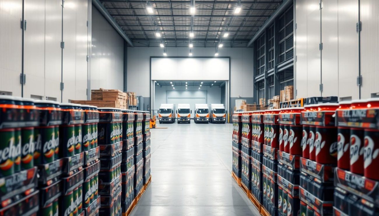 A well-lit warehouse interior, rows of stacked energy drink cases in the foreground, mid-ground showcases modern loading dock with forklifts moving pallets, and in the background, a fleet of delivery trucks ready to transport the products. The lighting is bright and evenly distributed, creating a clean, professional atmosphere. The overall scene conveys a sense of efficiency, quality, and reliability - highlighting the supplier's capabilities to deliver taurine-based drinks to wholesale partners across Austria and Europe.