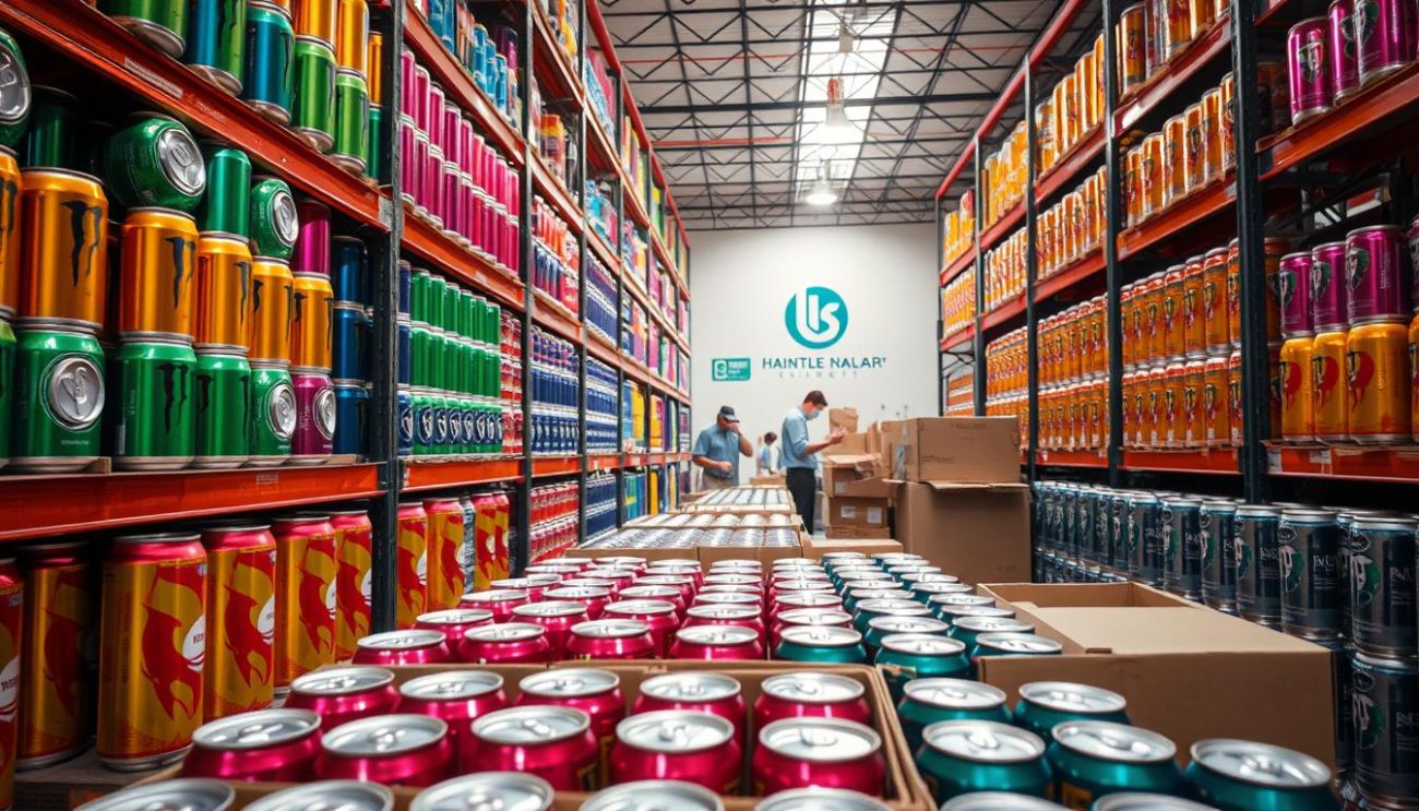 A well-lit warehouse interior, shelves stacked with vibrant, eye-catching energy drink cans. Glossy, metallic cans in various hues arranged in neat rows, exuding a sense of quality and organization. In the foreground, a team of quality assurance personnel meticulously inspecting the products, ensuring they meet the highest standards. The middle ground showcases the energy drink cans being carefully packed into sturdy boxes, ready for distribution. The background features a backdrop of the company's logo and branding, conveying a sense of trust and reliability. The overall scene radiates a modern, professional atmosphere, showcasing the brand's commitment to quality and health-conscious consumers.