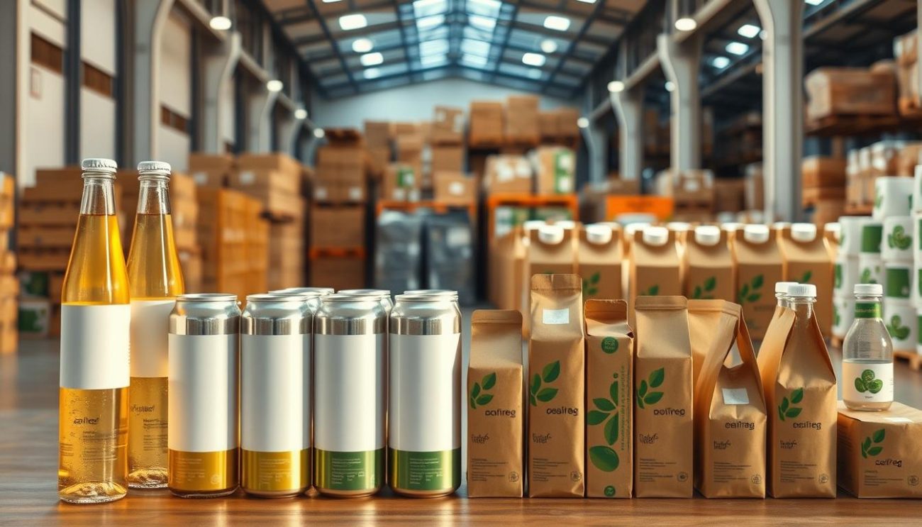 A well-lit warehouse interior, showcasing a variety of sustainable beverage packaging options. In the foreground, glass bottles and aluminum cans with minimalist labels are neatly stacked, reflecting the warm lighting. In the middle ground, biodegradable paper cartons and plant-based containers are arranged in organized rows, highlighting their eco-friendly materials. The background features pallets of these sustainable packages, ready to be shipped to customers, conveying a sense of responsible supply chain management. The overall scene captures the commitment to environmentally conscious practices in the flavored water industry.