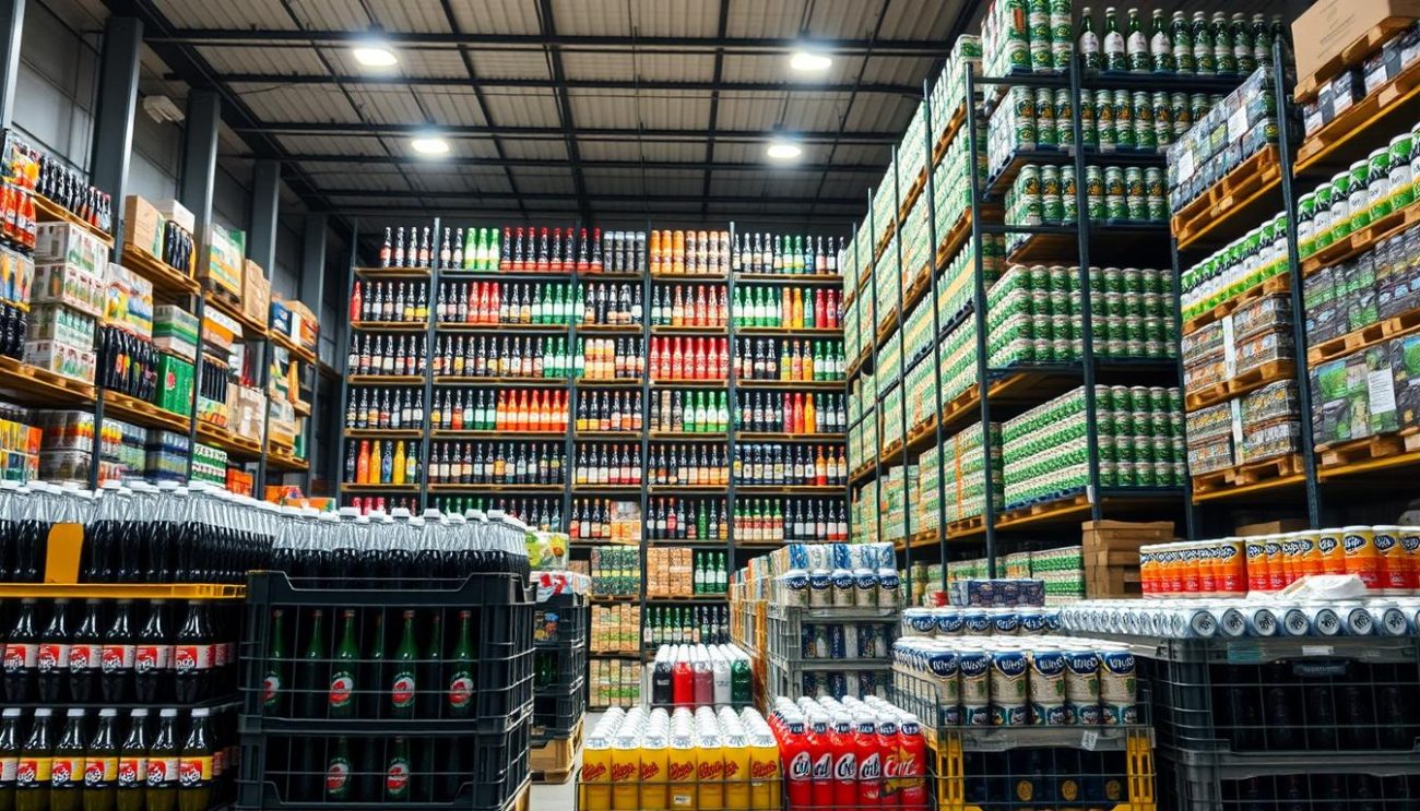 A well-lit warehouse interior, showcasing an extensive array of beverage crates and cases. In the foreground, neatly stacked pallets of soda bottles and cans in a variety of flavors, ready for distribution. In the middle ground, shelves brimming with diverse horeca-sized beverage containers, from glass bottles to aluminum cans. The background features towering racks, filled with an impressive selection of popular soda brands and specialty drinks, all arranged with precision. Crisp, directional lighting accentuates the vibrant colors and shapes, creating a sense of order and organization. The overall scene conveys a comprehensive and professional beverage wholesale operation, catering to the needs of the hospitality industry.