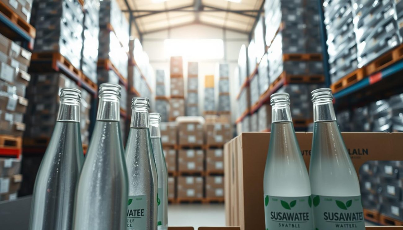 A well-lit warehouse interior, showcasing neatly stacked pallets of sustainable sparkling water packaging. In the foreground, pristine clear glass bottles with subtle organic label designs reflect the natural light. In the middle, the packaging showcases its eco-friendly materials - recyclable glass, plant-based labels, and minimal plastic accents. In the background, the warehouse shelves are organized with precision, hinting at a streamlined distribution process. The overall scene conveys a sense of quality, environmental responsibility, and logistical efficiency - key attributes for a trusted wholesale partner in the European sparkling water market.