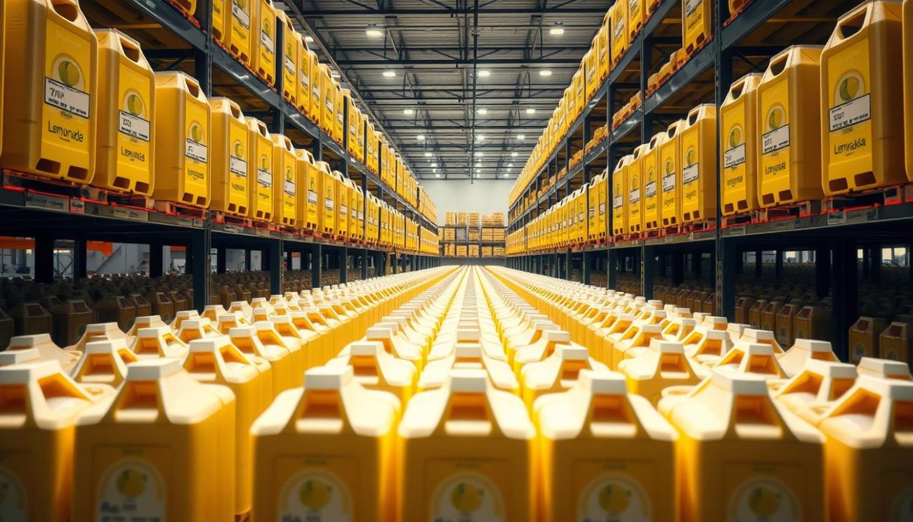 A well-lit warehouse interior, showcasing rows of meticulously arranged bulk lemonade beverage packaging solutions. Sleek, modern containers with minimalist branding in complementary colors line the shelves, ready to be loaded onto distribution trucks. The packaging features innovative design elements, such as ergonomic handles and spill-proof seals, conveying a sense of quality and practicality. Soft, diffused lighting illuminates the scene, casting subtle shadows and highlighting the clean, organized layout. The overall atmosphere exudes a professional, efficient, and customer-focused vibe, perfectly suited for a wholesale lemonade supplier.