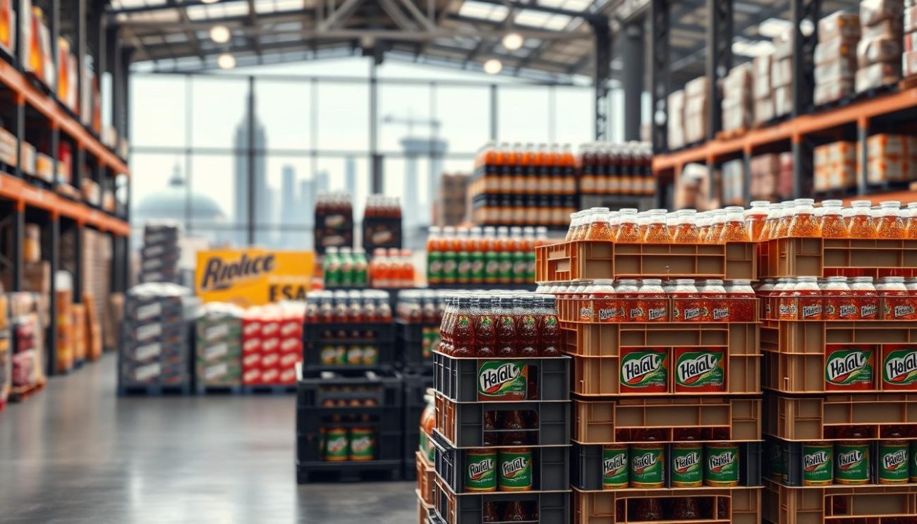A well-lit warehouse interior, with a focus on stacks of halal soft drink crates and bottles in the foreground. The crates are arranged in an orderly, ready-to-ship configuration, highlighting the distributor's efficient logistics and wholesale operations. The middle ground features additional stacks of beverages, showcasing the wide range of products available. The background depicts a blurred, modern European cityscape, suggesting the distributor's reach and established presence in the European market. Soft, directional lighting casts warm tones, conveying a sense of professionalism and reliability. The overall composition emphasizes the competitive pricing and wholesale capabilities of the halal soft drink distributor.