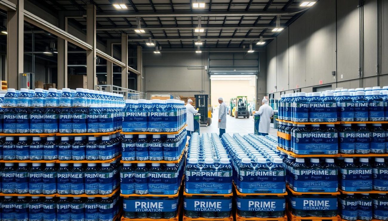 A well-lit warehouse interior, with neatly stacked pallets of Prime Hydration bottles in the foreground. Crisp, clean lighting illuminates the scene, highlighting the vibrant blue and white packaging. In the middle ground, workers in white lab coats carefully inspect the products, ensuring each bottle meets the highest quality standards. The background showcases an efficient loading dock, where forklifts stand ready to transport the bulk orders to their final destinations. The overall atmosphere conveys a sense of meticulous attention to detail, professionalism, and a commitment to delivering a premium hydration experience.