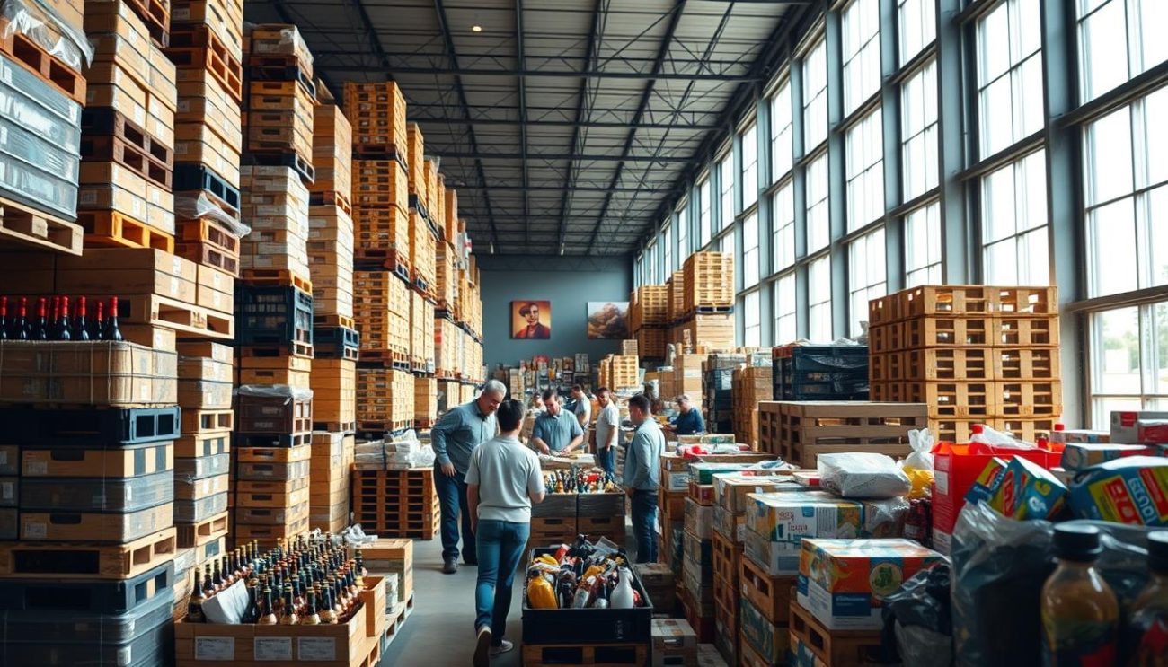 A well-lit warehouse interior with rows of neatly stacked pallets and crates, conveying a sense of efficiency and organization. In the foreground, a group of people inspecting and selecting products, emphasizing the "wholesale" aspect. The middle ground showcases a variety of goods, from liquor bottles to other consumer items, highlighting the diversity of the wholesale offerings. The background features large windows allowing natural light to flood the space, creating a warm and inviting atmosphere. The overall scene conveys the benefits of bulk purchasing, such as cost savings and convenience, aligning with the section title "Beneficios de comprar al por mayor".