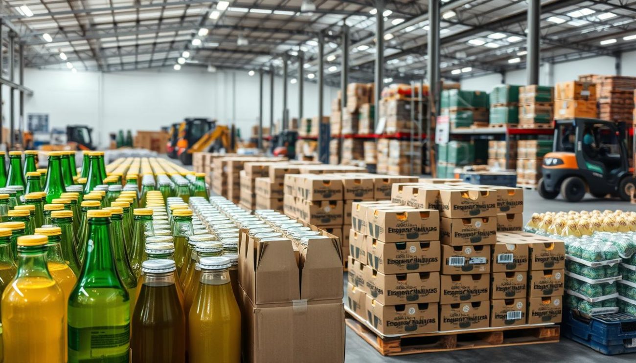 A well-lit warehouse interior with rows of neatly stacked, sustainable beverage packaging solutions. In the foreground, an array of reusable glass bottles, aluminum cans, and biodegradable cartons in earthy tones. The middle ground showcases pallets of packaged goods, ready for distribution, with a focus on eco-friendly materials and minimal plastic usage. In the background, a glimpse of forklifts and workers, highlighting the efficient logistics of this eco-conscious operation. The overall scene conveys a sense of environmental responsibility and a commitment to providing sustainable options for the European market.
