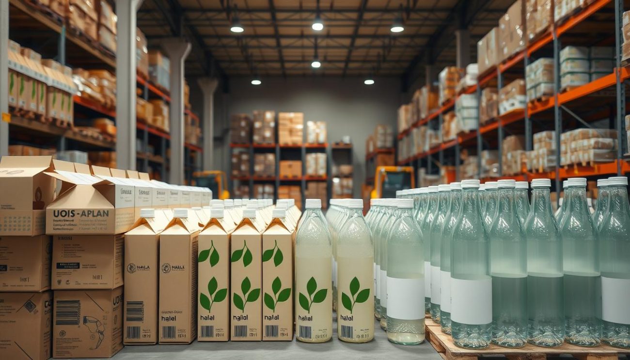 A well-lit warehouse interior, with rows of stacked, sustainable beverage packaging solutions ready for distribution. In the foreground, biodegradable cartons and reusable glass bottles are neatly arranged, their designs showcasing eco-friendly materials and minimal branding. In the middle ground, tall shelves hold cases of these innovative packaging options, their colors and textures complementing the overall sustainable aesthetic. The background features a clean, organized storage area, with forklifts and logistics equipment visible, underscoring the efficient, eco-conscious practices of the Halal soft drink distributor. Warm, neutral lighting accentuates the natural tones and textures of the packaging, creating a visually appealing and environmentally conscious scene.
