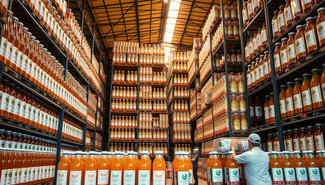 A well-lit warehouse interior, with shelves and pallets stacked high with an assortment of glass bottles and cans containing organic, sugar-free beverages. The bottles have clean, minimalist labels in earthy tones, showcasing a variety of flavors like lemon, berry, and citrus. The lighting casts a warm, natural glow, highlighting the clarity and purity of the liquids. In the foreground, workers carefully arrange the bulks, preparing them for shipment to distributors. The scene conveys a sense of quality, sustainability, and attention to detail, reflecting the unique features and benefits of these specialized halal-certified soft drinks.