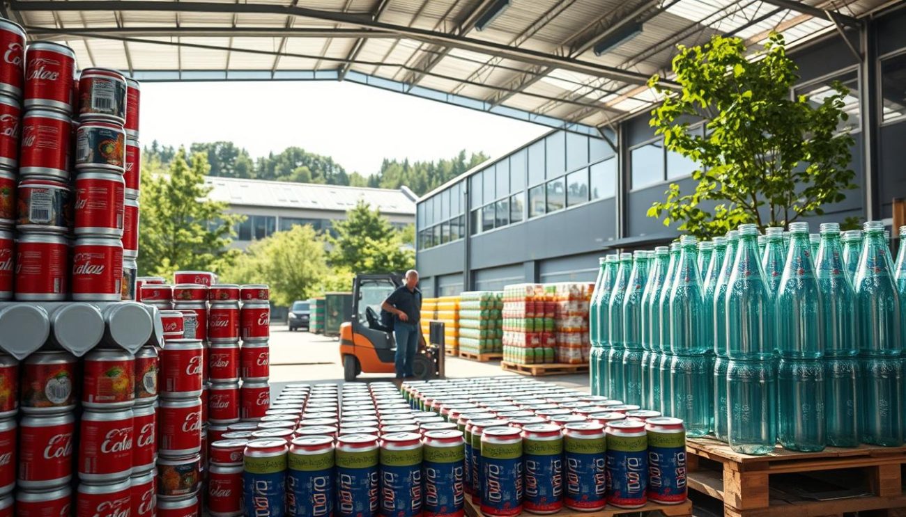 A well-lit, wide-angle photograph of a modern, sustainable soft drink packaging warehouse in Europe. The foreground shows stacks of neatly arranged, reusable aluminum cans and glass bottles, their vibrant colors reflecting the warehouse's bright, natural lighting. The middle ground features workers carefully loading the packaging onto large pallets, using energy-efficient forklifts. The background showcases the warehouse's sleek, eco-friendly architecture, with solar panels on the roof and lush greenery surrounding the building, creating a sense of environmental harmony. The overall atmosphere conveys a commitment to responsible, circular production and distribution of these premium soft drink products.