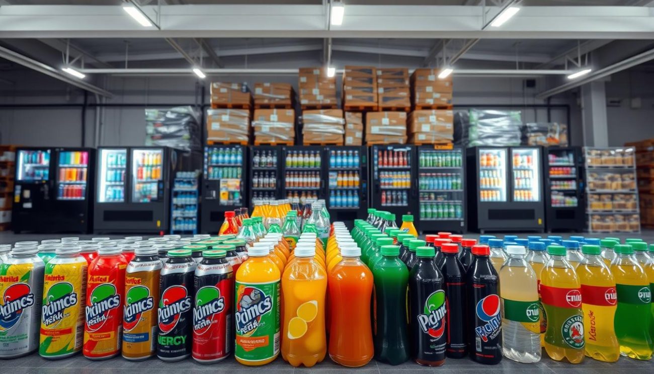A well-lit, wide-angle photograph showcasing a diverse array of beverage vending machines arranged in an orderly, inviting display. The foreground features an assortment of popular energy drink brands, their vibrant colors and sleek designs capturing the viewer's attention. In the middle ground, a variety of other beverages like fruit juices, sodas, and bottled waters are neatly organized, creating a visually appealing and balanced composition. The background depicts a modern, minimalist warehouse setting, with pallets of additional stock ready for distribution, conveying a sense of efficiency and a commitment to meeting the demands of the vending machine market. The overall mood is one of professionalism, variety, and a focus on providing diverse, high-quality beverage options for consumers.