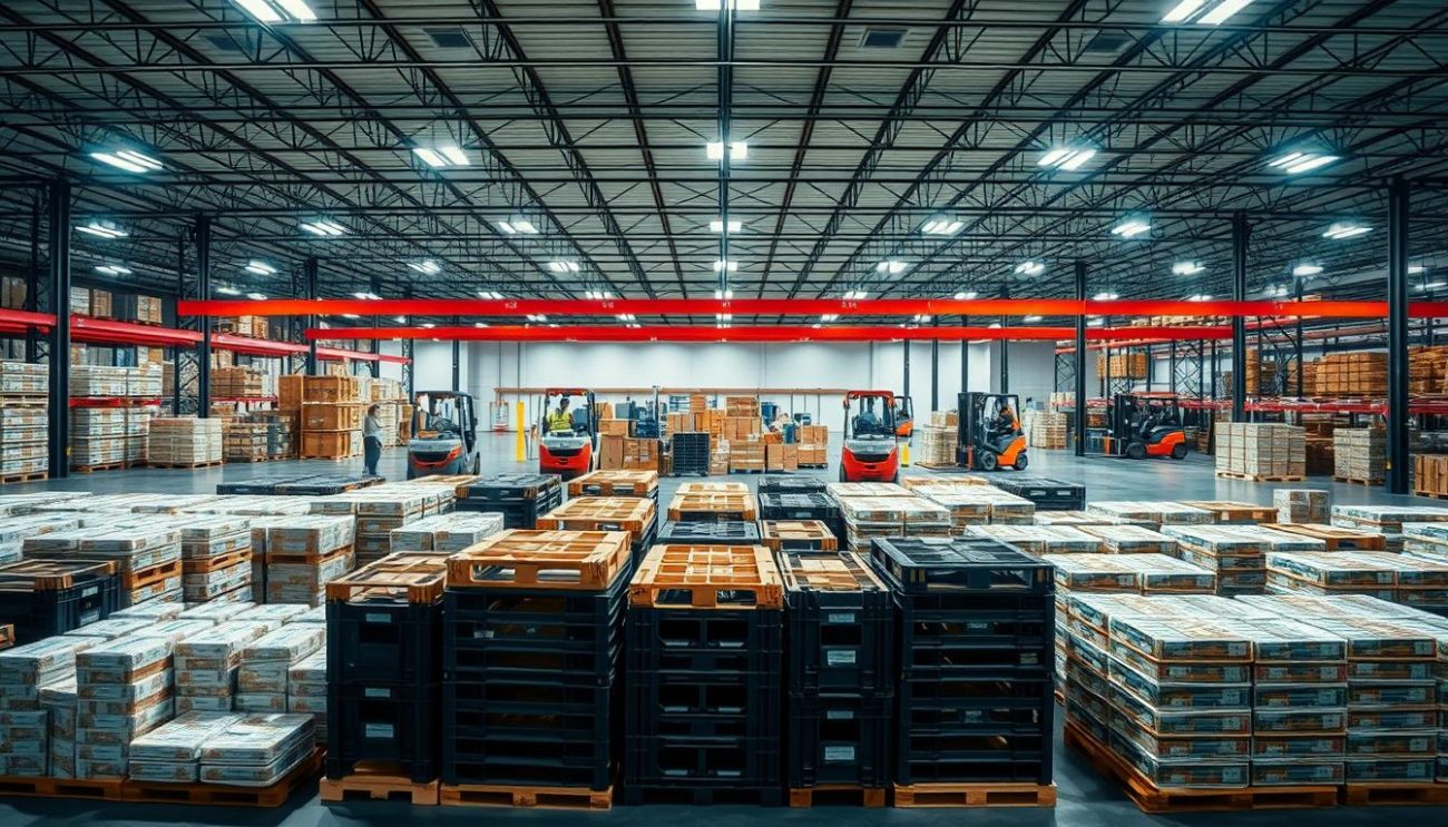 A well-lit, wide-angle shot of a bustling warehouse floor, showcasing an organized arrangement of stacked product pallets and crates ready for distribution. The scene conveys a sense of efficient market logistics, with forklifts and workers visible in the background, preparing the goods for shipment. The overall composition emphasizes the scale and dynamism of the market supply chain, reflecting the "Understanding Market Demand & Trends" section of the article. The lighting is bright and evenly distributed, creating a sense of clarity and professionalism, while the clean, geometric layout of the pallets and crates suggests a data-driven, analytical approach to market analysis.