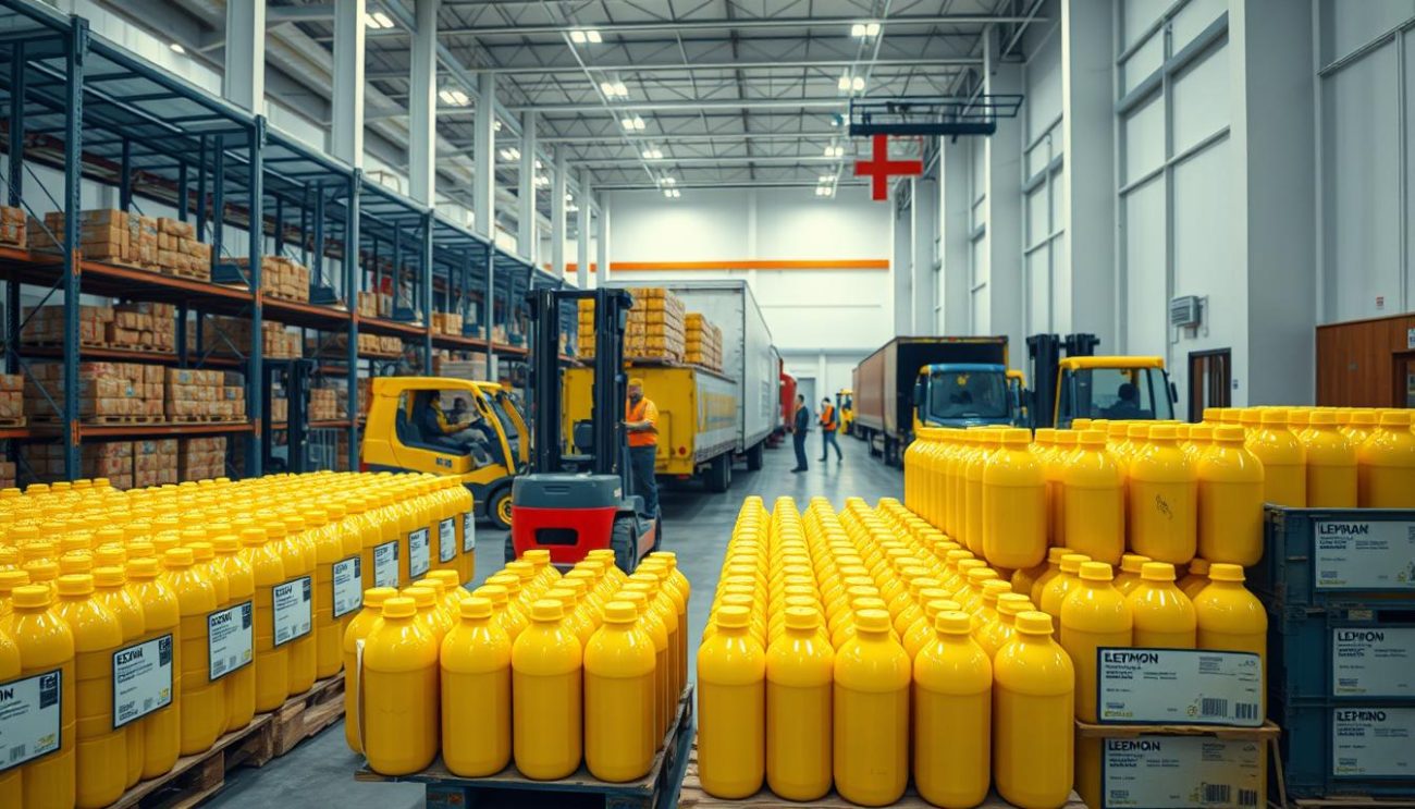 A well-lit, wide-angle shot of a modern, organized warehouse interior. In the foreground, rows of stacked, labeled pallets brimming with lemon-yellow beverage canisters ready for distribution. In the middle ground, forklifts carefully maneuvering crates onto waiting trucks, workers coordinating the efficient loading process. The background features tall shelving units, conveyor belts, and the clean, streamlined architecture of the facility, conveying a sense of professionalism and logistical excellence. The lighting is bright and even, casting a warm, inviting glow over the scene, emphasizing the partnership and teamwork necessary for successful beverage distribution.