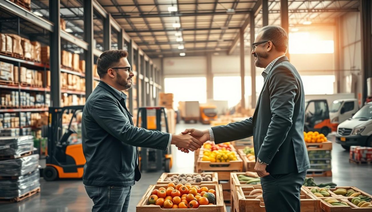 A well-organized warehouse bustling with activity, forklift operators carefully arranging pallets of fresh produce into orderly stacks, ready for bulk distribution. Soft natural light filters through high windows, casting a warm, inviting glow on the scene. In the foreground, a pair of business partners shake hands, sealing a distribution agreement as they discuss logistics and pricing. The background features shelves of packaged goods, conveyor belts, and the faint silhouettes of delivery trucks waiting to transport the goods to their destinations. An atmosphere of efficiency, collaboration, and the promise of a successful B2B partnership.