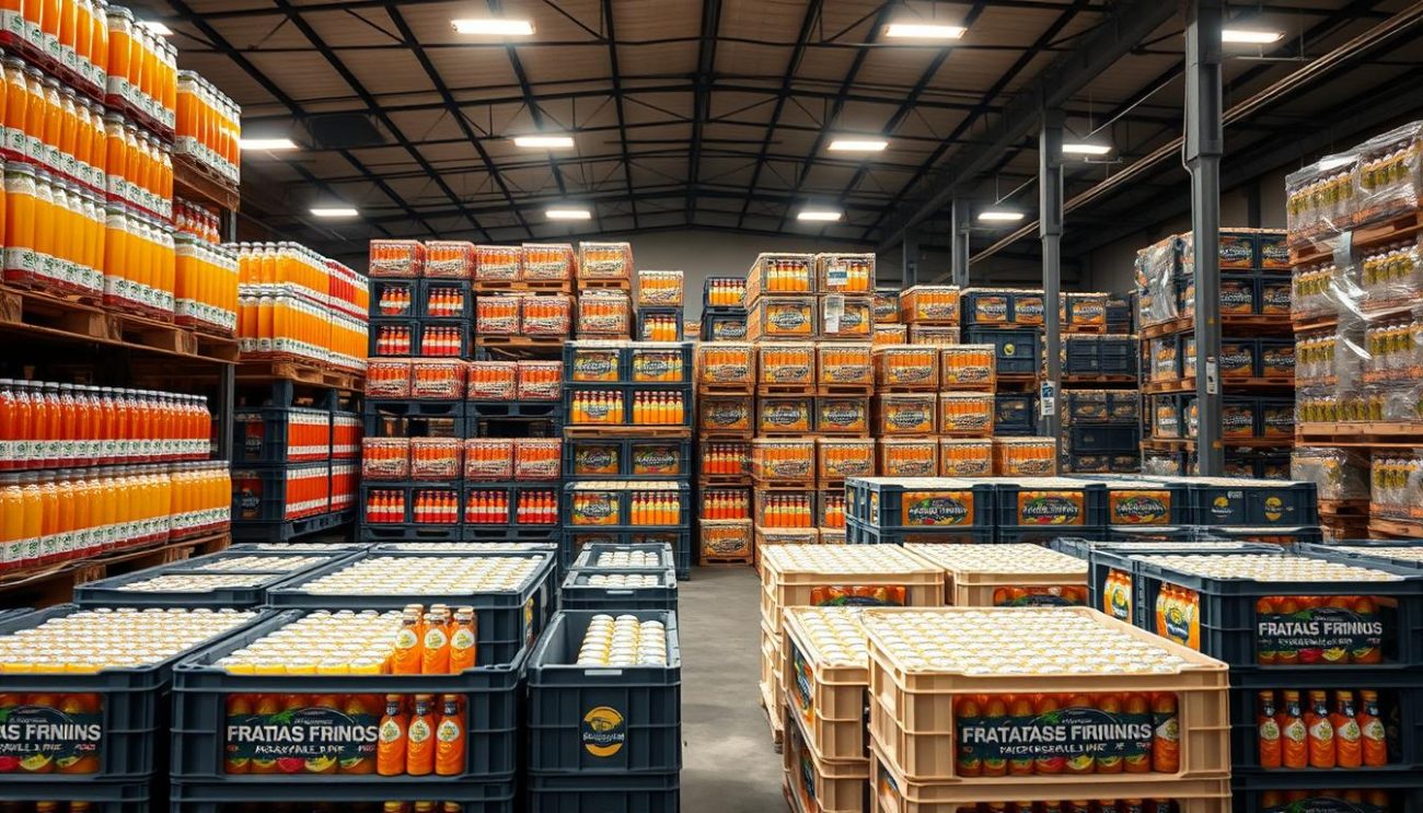 A well-organized warehouse interior with rows of stacked beverage crates and pallets in the foreground, mid-ground, and background. The lighting is bright and even, illuminating the various types of sugar-free fruit drinks in the crates. The camera angle is slightly elevated, giving a bird's-eye view of the efficient organization and storage of the bulk product. The atmosphere conveys a sense of professionalism, quality, and the wholesale advantage of purchasing these beverages in large quantities. The overall image should showcase the availability, accessibility, and logistical advantages of acquiring sugar-free fruit drinks in bulk from a trusted European wholesale partner.