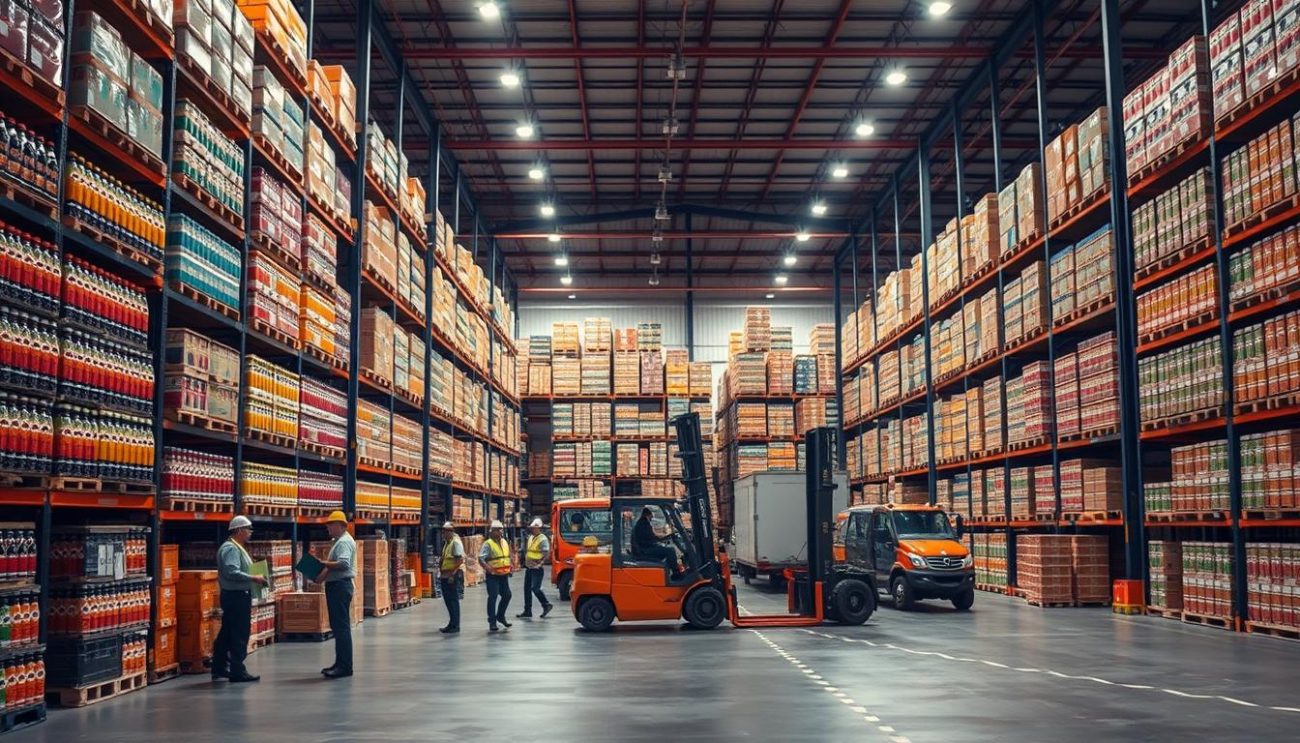 A well-organized warehouse, shelves stacked with bulk crates of assorted healthy soda flavors. Pristine lighting illuminates the scene, casting a warm glow over the neatly arranged inventory. In the foreground, a team of workers meticulously checks inventory, ensuring each crate is ready for shipment. In the middle ground, forklift operators efficiently load the crates onto waiting delivery trucks, ready to transport the healthy soda options to eager distributors. The background features a modern, state-of-the-art warehouse infrastructure, conveying a sense of professionalism and attention to detail. The overall atmosphere exudes an air of strategic planning and execution, reflecting the "Healthy soda options bulk: A Strategic Choice for Distributors" section of the article.