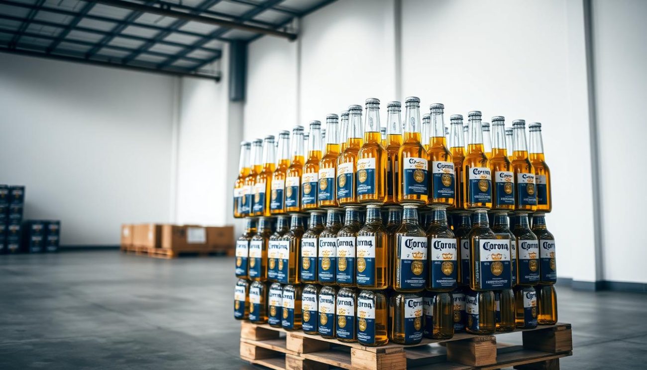 A well-stacked pallet of Corona beer bottles, illuminated by soft, natural lighting in a spacious, organized warehouse setting. The bottles are arranged neatly, showcasing their iconic blue labels and silver caps. The background features clean, white walls and a subtle concrete floor, creating a minimalist, professional atmosphere. The overall scene conveys a sense of efficiency and attention to detail in the proper storage and handling of this popular Mexican lager.
