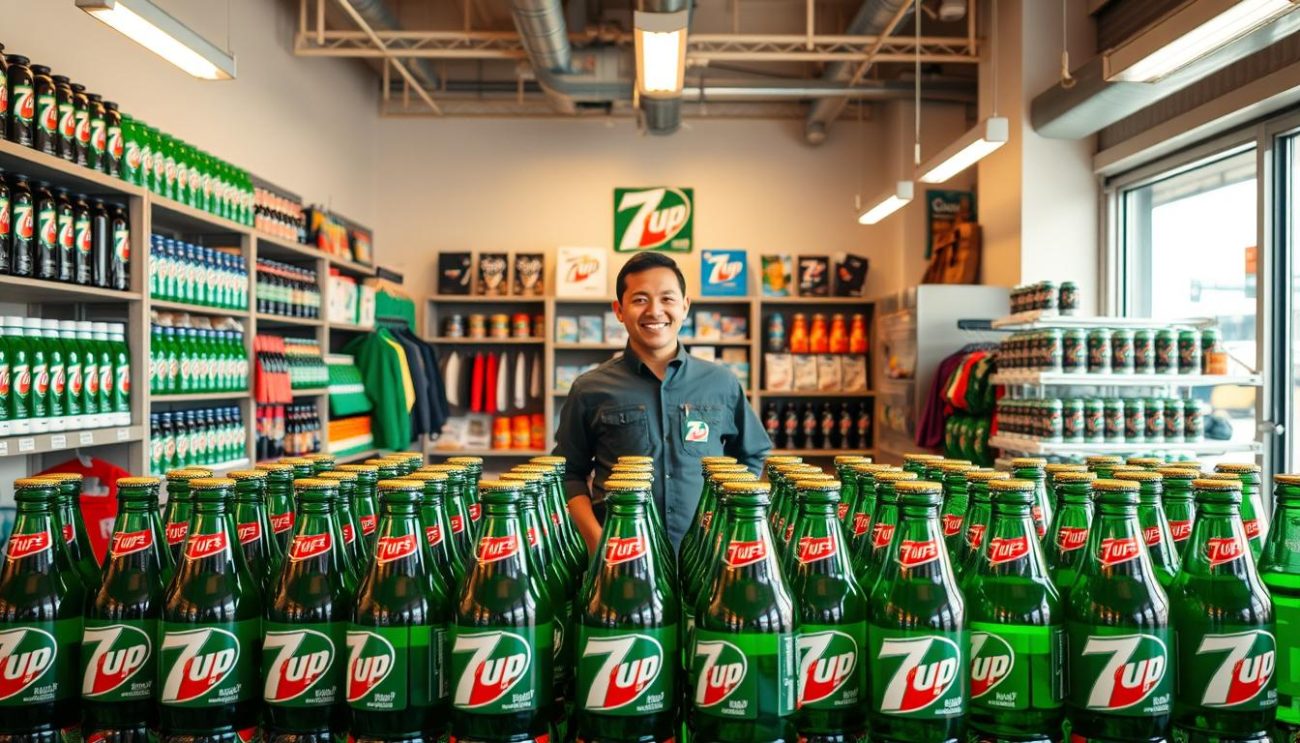 A well-stocked 7Up beverage distributor's showroom, bathed in warm, inviting lighting. In the foreground, rows of neatly organized 7Up bottles and cans, their vibrant green labels and iconic logo prominent. Behind them, shelves display an array of 7Up merchandise and promotional materials, subtly encouraging sales. In the middle ground, a helpful sales associate stands ready to assist customers, their friendly demeanor and attentive posture conveying the distributor's commitment to excellent service. The background showcases the distributor's modern, well-equipped facility, with clean, professional decor that reinforces the brand's reputation for quality and reliability. The overall scene exudes a sense of efficiency, professionalism, and a deep understanding of the 7Up product and its target market.