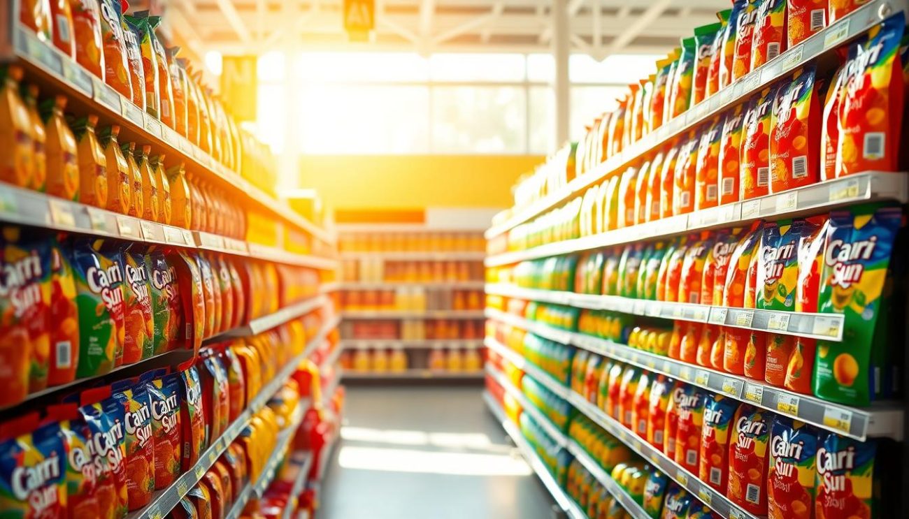 A well-stocked Capri Sun display in a modern grocery store, with rows of colorful, translucent pouches lining the shelves. Bright natural lighting casts a warm glow, highlighting the vibrant hues of the iconic juice pouches. The scene conveys a sense of refreshment and convenience, inviting the viewer to imagine the satisfying taste of a chilled Capri Sun on a summer day. The camera angle captures the display from a slightly elevated perspective, showcasing the depth and variety of the Capri Sun selection available to consumers. The overall atmosphere is one of quality, reliability, and consumer trust.