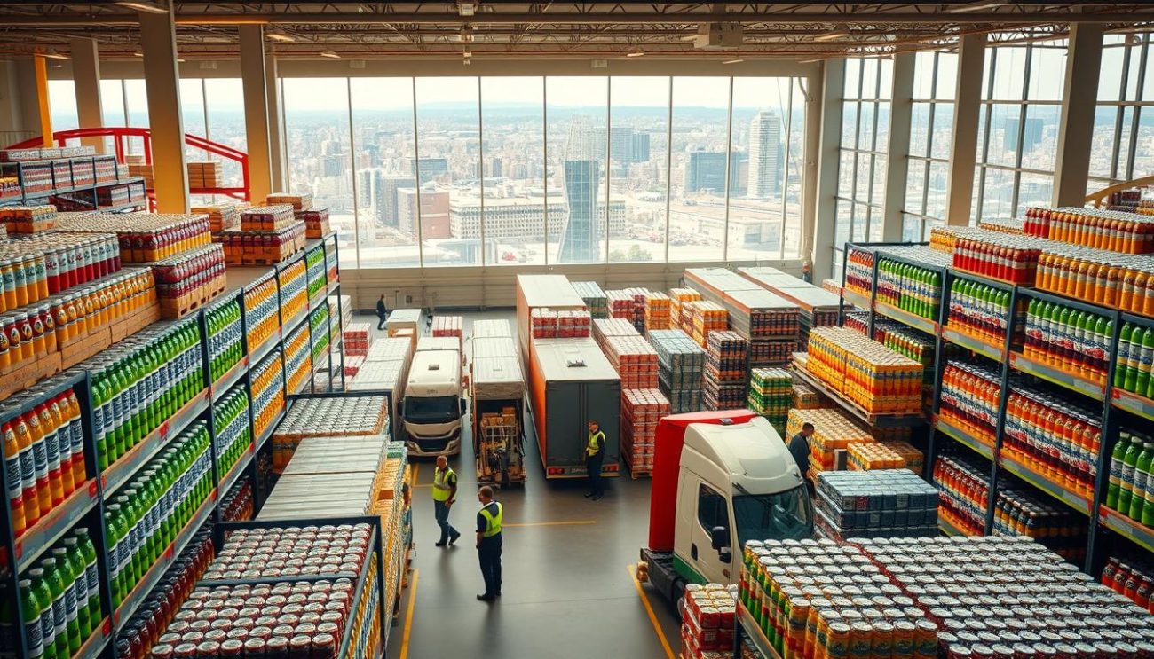 A well-stocked European sports drink distribution center, bathed in warm, diffused lighting. Rows of colorful bottles and cans line the shelves, their labels prominently displaying various sports-themed designs and flavors. In the foreground, a team of professional warehouse workers efficiently load pallets onto delivery trucks, highlighting the logistical expertise behind the operation. The middle ground showcases a modern, state-of-the-art facility with high ceilings and an airy, industrial aesthetic. In the background, the bustling cityscape of a major European metropolis is visible through large windows, establishing the brand's continental reach and prominence.