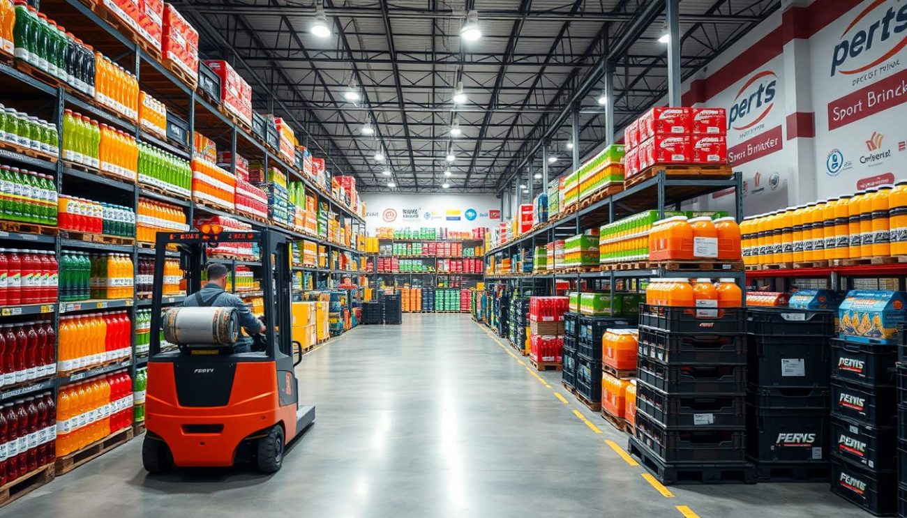 A well-stocked and organized warehouse, filled with rows of colorful sports drink bottles and crates. The lighting is bright and even, casting a clean, professional atmosphere. In the foreground, a forklift operator carefully moves a pallet, showcasing the efficient logistics operation. The middle ground features neatly arranged shelves, each labeled with different sports drink brands and flavors. In the background, the warehouse walls are adorned with signage and branding, establishing a sense of a reputable, high-quality sports drink supplier. The overall scene conveys a strong emphasis on reliability, quality, and customer service.