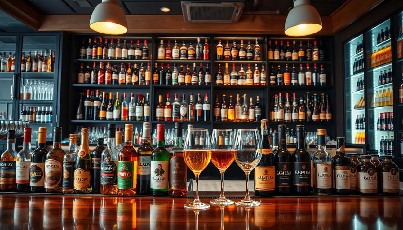 A well-stocked bar with a variety of premium beverage offerings, capturing the essence of a high-end wholesale supplier. In the foreground, an assortment of bottled beers, wines, and spirits arranged artfully on a polished wooden countertop, illuminated by warm overhead lighting. In the middle ground, tall, slender beer glasses and wine flutes, reflecting the elegant atmosphere. The background features sleek, modern shelving units displaying a diverse selection of branded beverages, creating a visually appealing and sophisticated scene. The overall mood is one of quality, refinement, and the promise of a exceptional drinking experience.