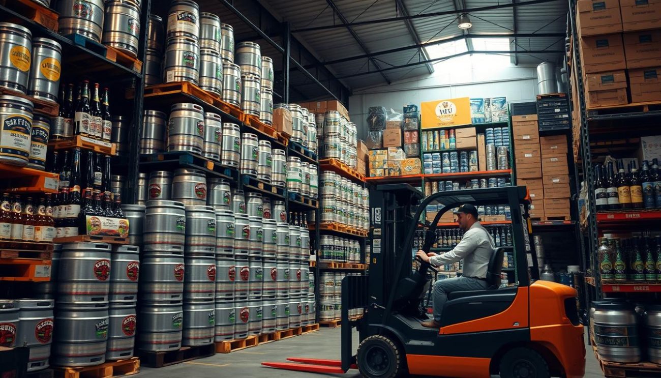 A well-stocked bulk beer supplier warehouse, illuminated by warm overhead lighting. Rows of stacked kegs and crates filled with bottled and canned craft beers, their labels showcasing a variety of styles and flavors. In the foreground, a forklift operator meticulously arranges the inventory, while in the background, shelves of specialty glassware and merchandising materials are neatly organized. The atmosphere conveys a sense of efficiency, professionalism, and a commitment to providing a comprehensive range of export-ready beer products to discerning customers.