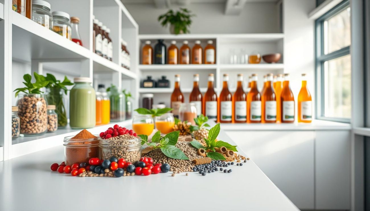 A well-stocked laboratory of functional beverage ingredients, meticulously arranged on pristine white shelves. In the foreground, a cluster of vibrant superfoods - goji berries, acai powder, and chia seeds - spilling out of glass jars, beckoning the viewer. Midground showcases an array of plant-based extracts, from matcha green tea to yerba mate, each in its own minimalist container. In the background, rows of sleek, amber-tinted bottles containing nutrient-rich elixirs, their labels hinting at the rejuvenating properties within. Soft, natural lighting filters through large windows, casting a warm, inviting glow over the carefully curated display. This is a scene of innovation, health, and the promise of an energizing, low-sugar beverage experience.